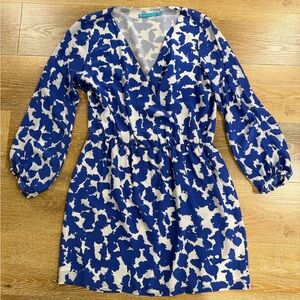 Tori Richard Blue and White Smocked Wrap Dress with Bishop Sleeves